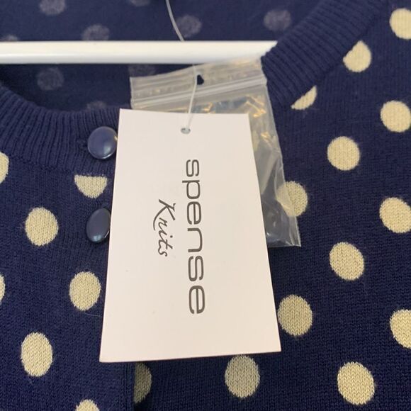 SPENSE SWEATER Navy and tan polka dot cardigan Size M NWT - Picture 8 of 8